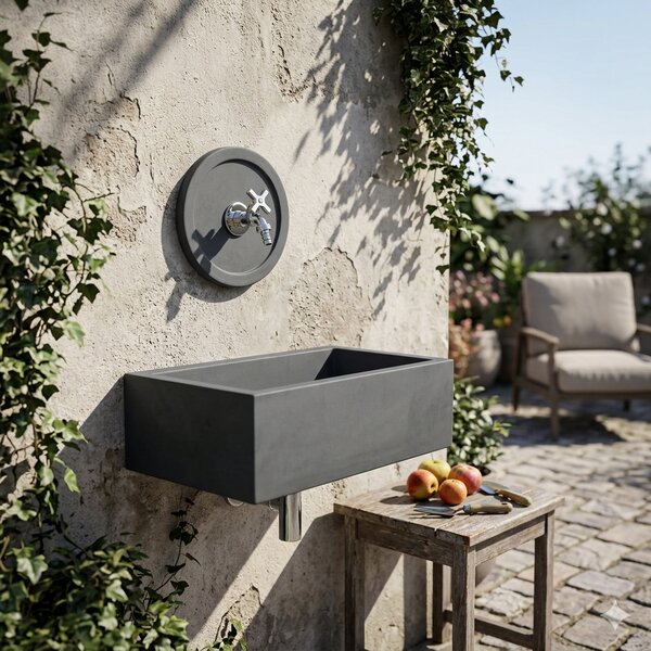 Lavello Rettangolare da Esterno 45x35 cm con Rosone Installazione a Muro in Cemento Madrid Antracite