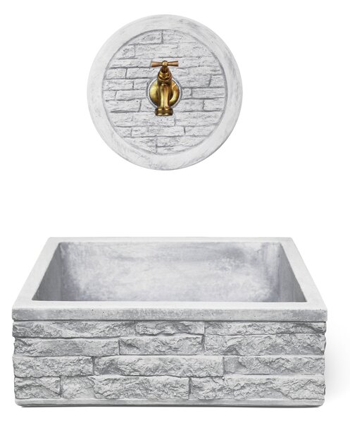 Lavello Rettangolare da Esterno 45x35 cm con Rosone Installazione a Muro in Cemento Mattone Faccia a Vista Meseta Grigio