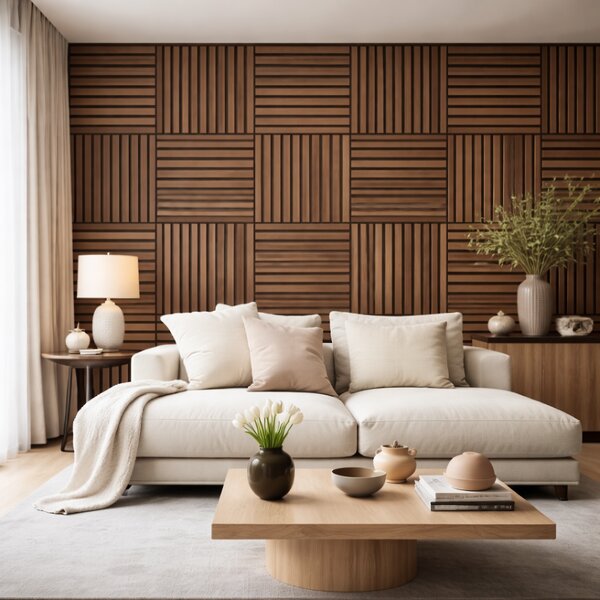 Set 12 Pannelli Decorativi 60x60 cm Motivo a Doghe in MDF e Feltro PET Rivestimento Murale Fonoassorbente Noce Chiaro