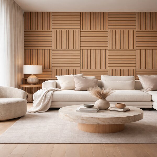Set 12 Pannelli Decorativi 60x60 cm Motivo a Doghe in MDF e Feltro PET Rivestimento Murale Fonoassorbente Rovere
