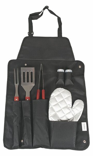 Set 6 Utensili Barbecue in Acciaio Inox e Legno con Grembiule in Nylon Nero