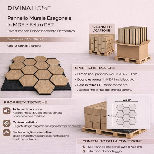 Set 12 Pannelli Decorativi 62x76 cm Motivo Esagonale in MDF e Feltro PET Rivestimento Murale Fonoassorbente Rovere