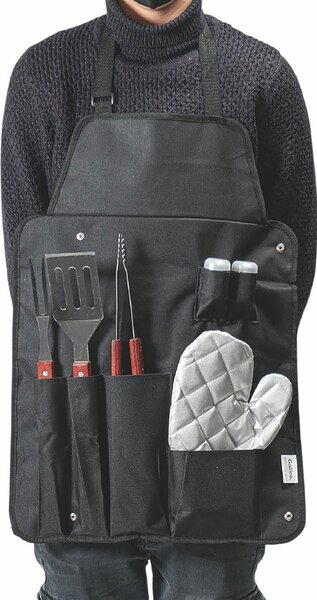 Set 6 Utensili Barbecue in Acciaio Inox e Legno con Grembiule in Nylon Nero