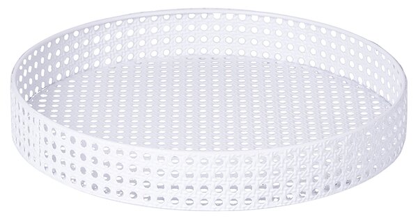 Tavolino Ø36x60 cm 2 Ripiani Effetto Paglia Di Vienna in Ferro Bianco