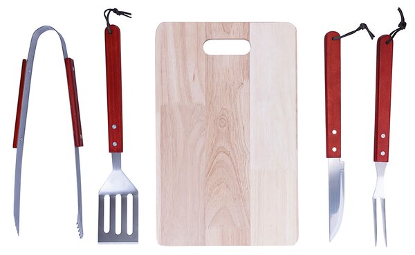 Set Utensili Barbecue in Acciaio Inox e Legno e Tagliere in Legno di Pino