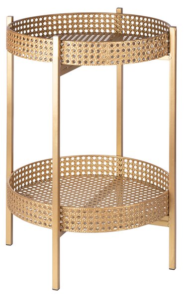 Tavolino Ø36x60 cm 2 Ripiani Effetto Paglia Di Vienna in Ferro Oro