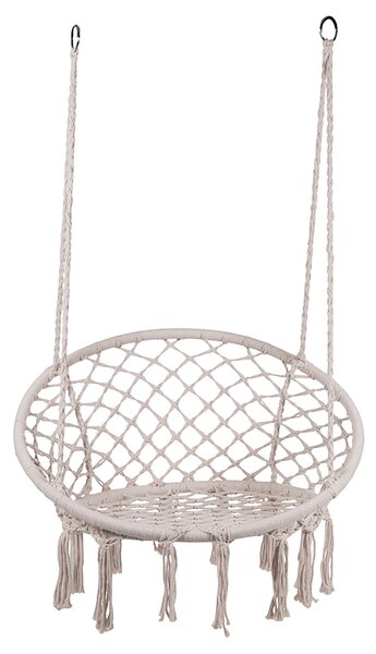 Poltrona Sospesa Amaca in Macramè con Nappe in Poliestere e Cotone con Struttura in Acciaio Beige