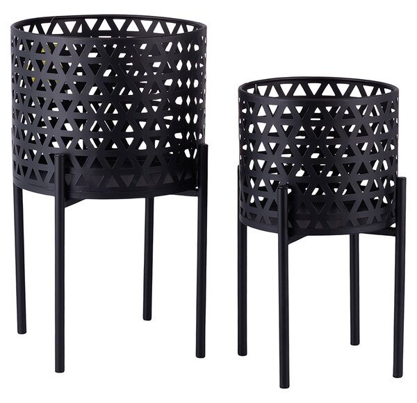 Set 2 Porta Vasi Ø20x36 cm e Ø25x43 cm con Piedistallo in Ferro Nero