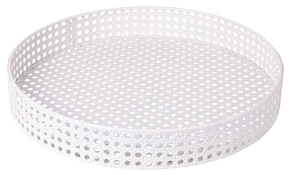 Tavolino Ø40x70 cm 2 Ripiani Effetto Paglia Di Vienna in Ferro Avorio