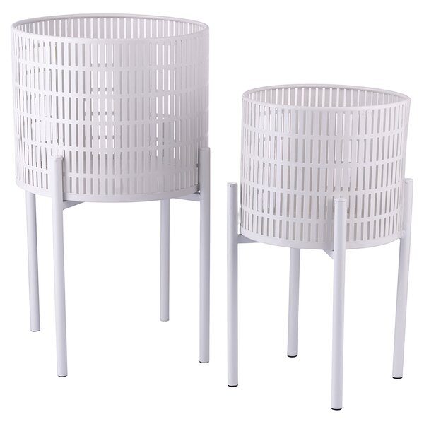 Set 2 Porta Vasi Ø20x36 cm e Ø25x43 cm con Piedistallo in Ferro Bianco