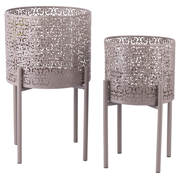 Set 2 Porta Vasi Ø20x36 cm e Ø25x43 cm con Piedistallo in Ferro Tortora