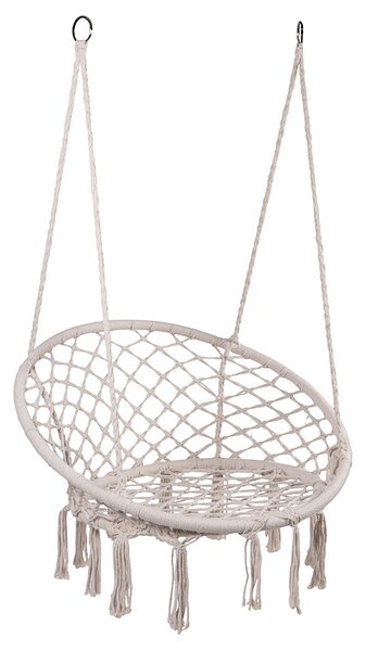 Poltrona Sospesa Amaca in Macramè con Nappe in Poliestere e Cotone con Struttura in Acciaio Beige