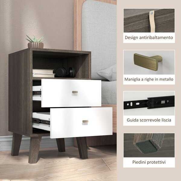 HOMCOM Set di 2 Comodini Moderni per Camera da Letto con 2 Cassetti e Vano Aperto, 40x34x64cm, Grigio
