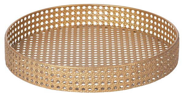 Tavolino Ø40x70 cm 2 Ripiani Effetto Paglia Di Vienna in Ferro Oro
