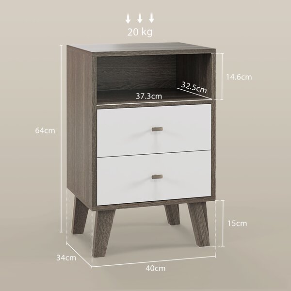 HOMCOM Set di 2 Comodini Moderni per Camera da Letto con 2 Cassetti e Vano Aperto, 40x34x64cm, Grigio