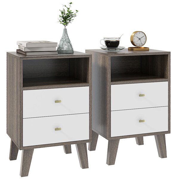 HOMCOM Set di 2 Comodini Moderni per Camera da Letto con 2 Cassetti e Vano Aperto, 40x34x64cm, Grigio