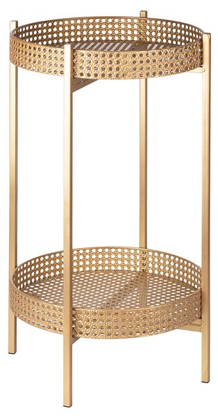 Tavolino Ø40x70 cm 2 Ripiani Effetto Paglia Di Vienna in Ferro Oro