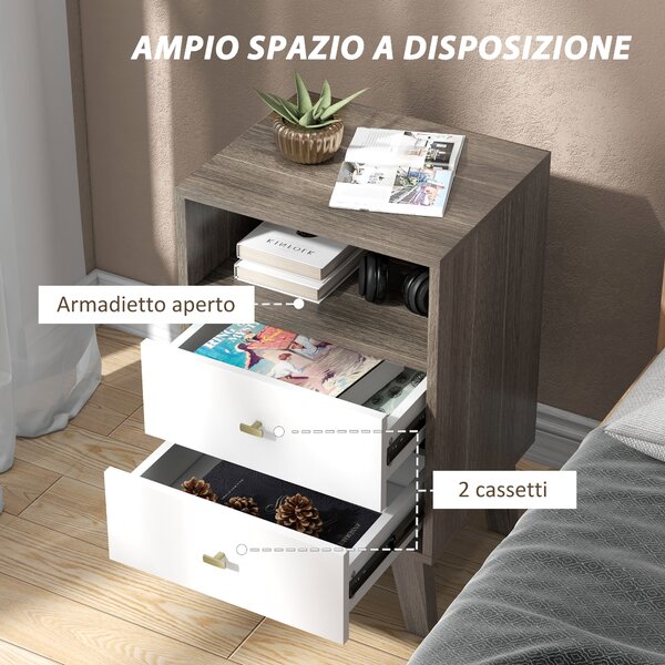 HOMCOM Set di 2 Comodini Moderni per Camera da Letto con 2 Cassetti e Vano Aperto, 40x34x64cm, Grigio