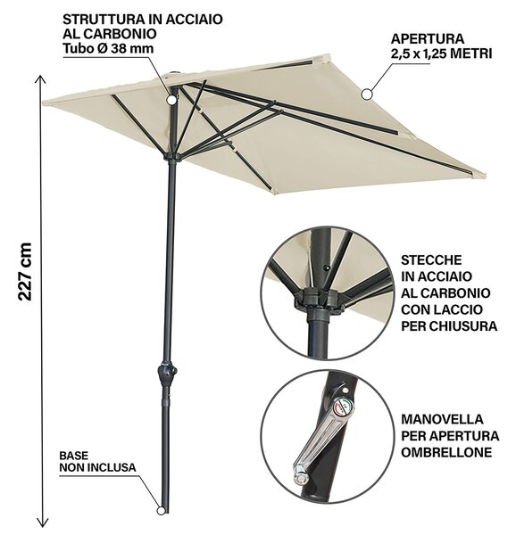 Ombrellone da Balcone a Parete a Mezzaluna 250x125x227 cm in Poliestere Tortora Half Cuba