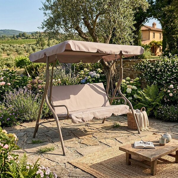 Dondolo da Giardino 3 Posti 170x110x160 cm con Tetto Parasole in Acciaio e Poliestere Tortora