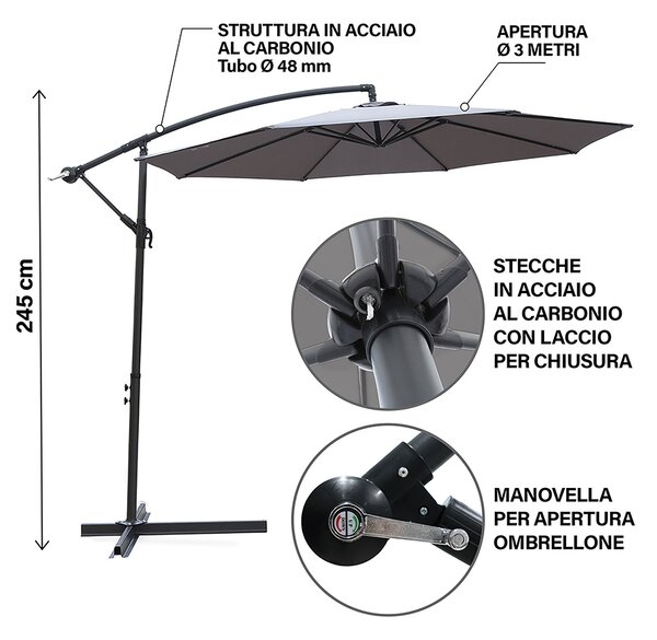 Ombrellone Lampara da Giardino Palo Laterale Ø300x245 cm in Acciaio e Poliestere Grigio Kios