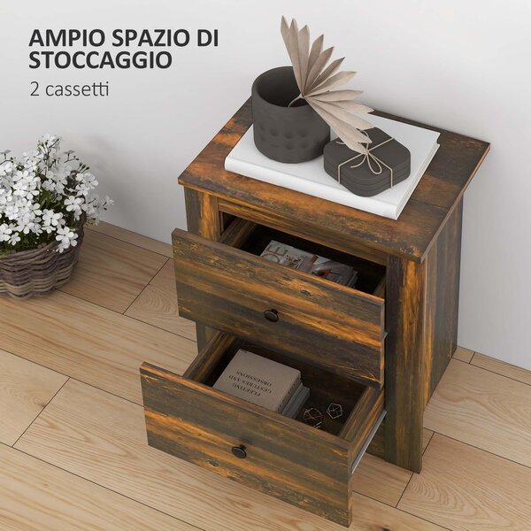 HOMCOM Comodino con 2 Cassetti dallo stile Rustico in Legno, 40x30x56 cm, Marrone