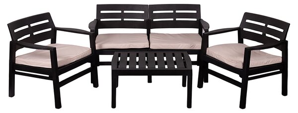 Set Salotto da Giardino 4 Posti Cuscini Avorio Struttura Nero Effetto Legno Malindi