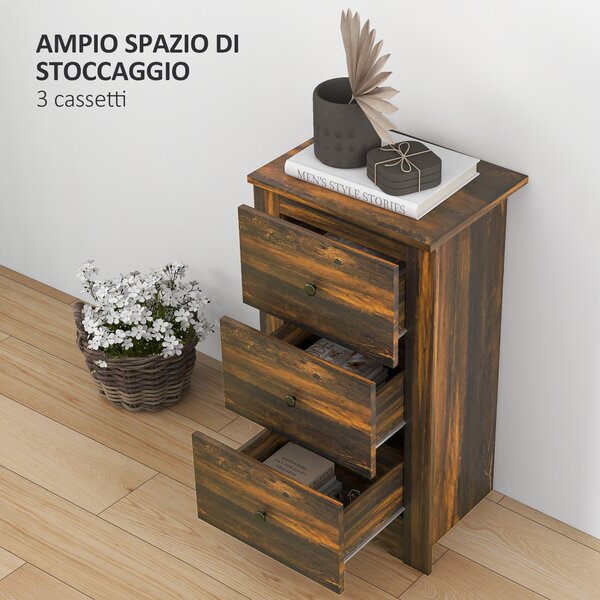 HOMCOM Comodino con 3 Cassetti dallo stile Rustico in Legno, 40x30x74 cm, Marrone