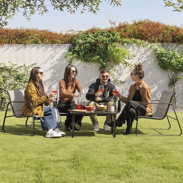 Set Salotto da Giardino 4 Posti Tavolino con Top in Vetro Nero e Argento Saint Tropez
