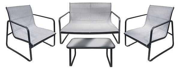 Set Salotto da Giardino 4 Posti Tavolino con Top in Vetro Nero e Argento Saint Tropez