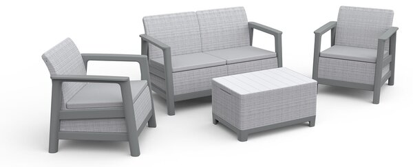 Set Salotto da Giardino 4 Pezzi Divano Poltrone e Tavolino Contenitore Keter Scandi Linea Effetto Juta Grigio Chiaro e Grigio Scuro