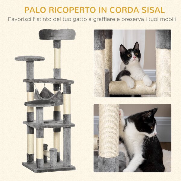 PawHut Albero Tiragraffi per Gatti a 4 Livelli con Amaca Cuccia Piattaforme Peluche Sisal Naturale Altezza 132cm Grigio |Aosom