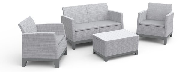 Set Salotto da Giardino 4 Pezzi Divano Poltrone e Tavolino Contenitore Keter Scandi Forma Effetto Juta Grigio Chiaro