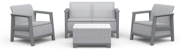 Set Salotto da Giardino 4 Pezzi Divano Poltrone e Tavolino Contenitore Keter Scandi Linea Effetto Juta Grigio Chiaro e Grigio Scuro