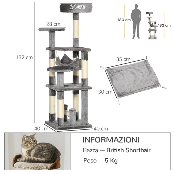 PawHut Albero Tiragraffi per Gatti a 4 Livelli con Amaca Cuccia Piattaforme Peluche Sisal Naturale Altezza 132cm Grigio |Aosom