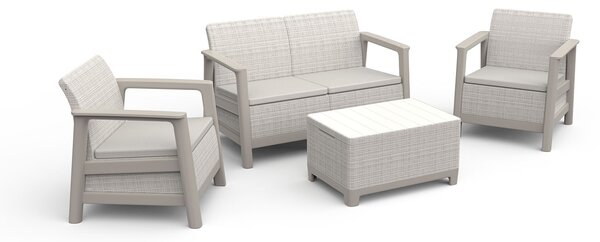 Set Salotto da Giardino 4 Pezzi Divano Poltrone e Tavolino Contenitore Keter Scandi Linea Effetto Juta Beige Chiaro