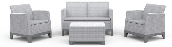 Set Salotto da Giardino 4 Pezzi Divano Poltrone e Tavolino Contenitore Keter Scandi Forma Effetto Juta Grigio Chiaro