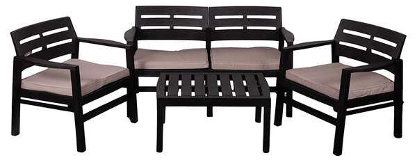 Set Salotto da Giardino 4 Posti Cuscini Tortora Struttura Nero Effetto Legno Malindi
