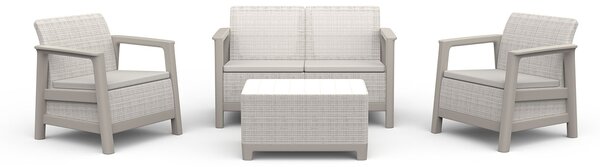 Set Salotto da Giardino 4 Pezzi Divano Poltrone e Tavolino Contenitore Keter Scandi Linea Effetto Juta Beige Chiaro