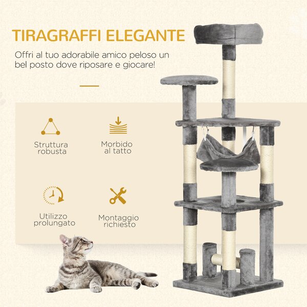 PawHut Albero Tiragraffi per Gatti a 4 Livelli con Amaca Cuccia Piattaforme Peluche Sisal Naturale Altezza 132cm Grigio |Aosom