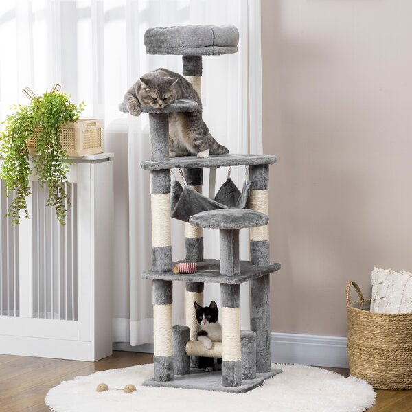 PawHut Albero Tiragraffi per Gatti a 4 Livelli con Amaca Cuccia Piattaforme Peluche Sisal Naturale Altezza 132cm Grigio |Aosom