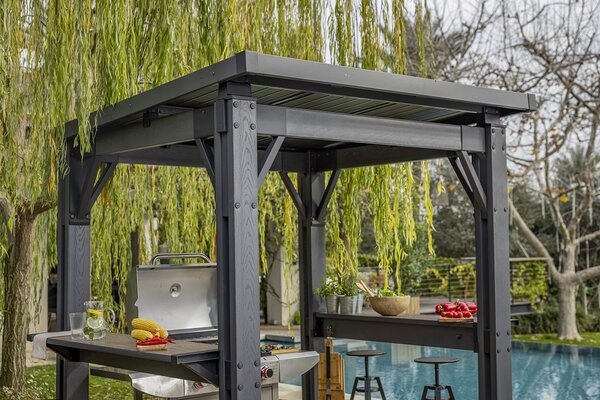 Gazebo da Giardino per BBQ Keter Signature Grill 247x200x238 cm in Resina Effetto Legno Grigio Grafite e Noce