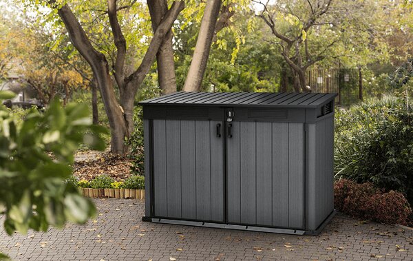 Armadio Porta Attrezzi o Bidoni Differenziata 2 Ante e Coperchio Keter Cortina Mega 190,5x109,3x132,5 cm in Evotech+ Grigio