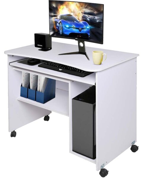 Scrivania con Ripiano Estraibile 93x48x76 cm con Ruote in MDF Bianco