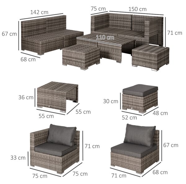 Outsunny Salotto da Esterno in Rattan PE da 8 Pezzi, Set Mobili da Giardino Salvaspazio con Poltrone, Tavolini e Sgabelli, Grigio|Aosom