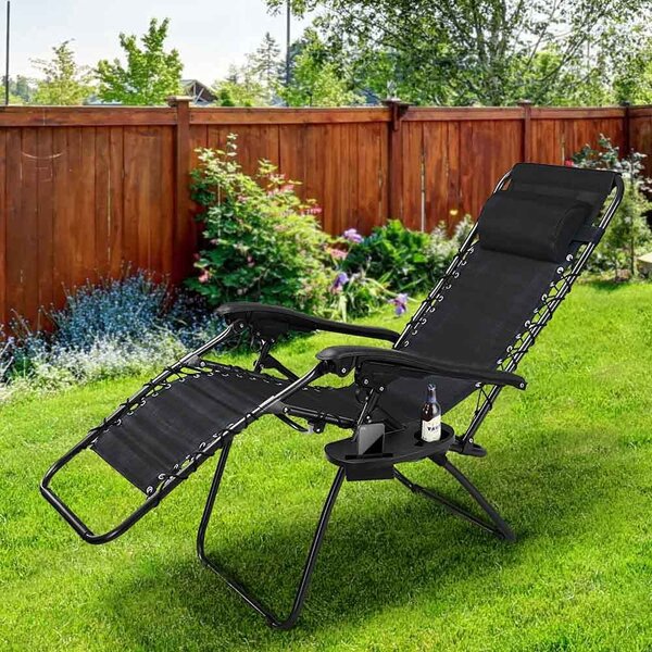 Sedia Sdraio da Giardino Gravita Zero Pieghevole con Vassoio in Acciaio e Tessuto Oxford Nero