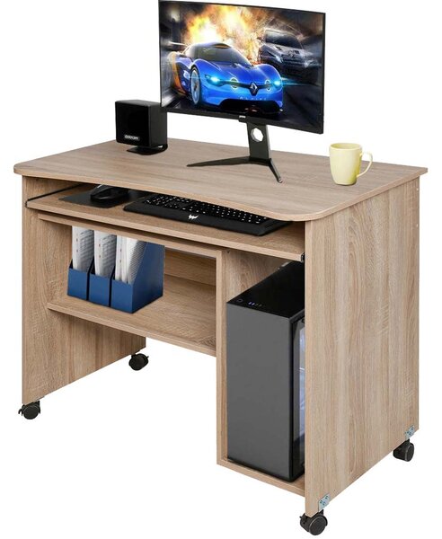 Scrivania con Ripiano Estraibile 93x48x76 cm con Ruote in MDF Quercia