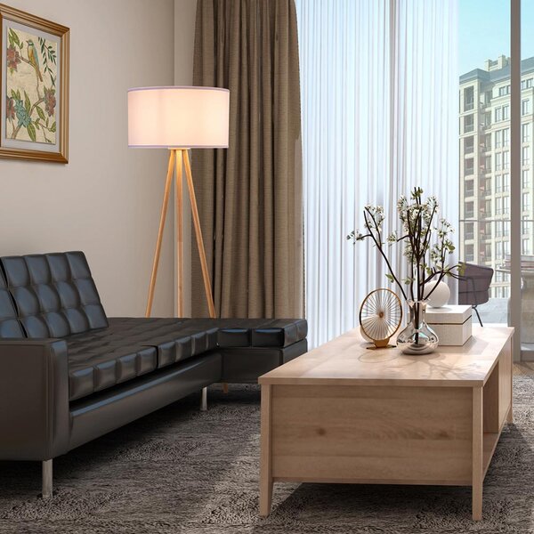 Lampada Piantana da Terra Design Moderno Attacco E27 Paralume in Tessuto Bianco Gambe in Legno