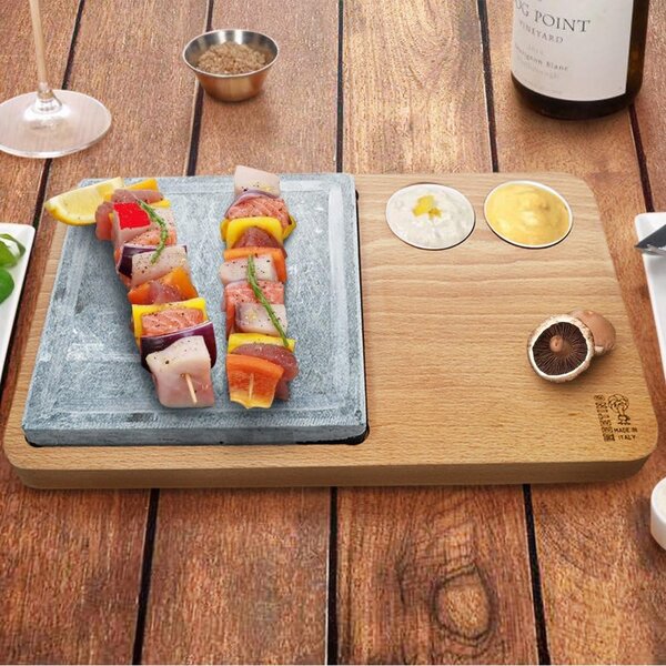 Tagliere Vassoio 39,5x23x5 cm in Legno di Faggio con Pietra Ollare e 2 Porta Salse per Carne