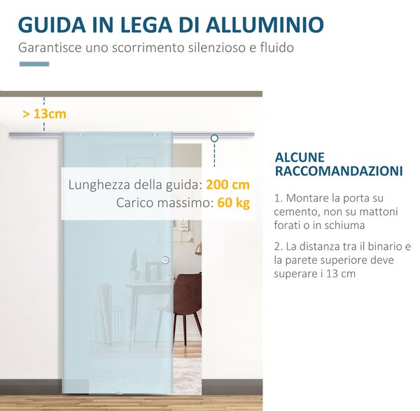 HOMCOM Porta trasparente Scorrevole con Binario B3 in Alluminio per Bagno Cucina Studio, 205x90x0,8cm, Trasparente satinato | Aosom Italy